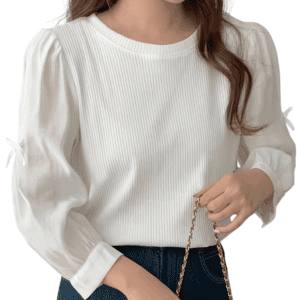 CAMISA DE MUJER DE UNICOLOR CON CUELLO REDONDO, MANGA LARGA Y DECORACIÓN DE LAZO, ELEGANTE.