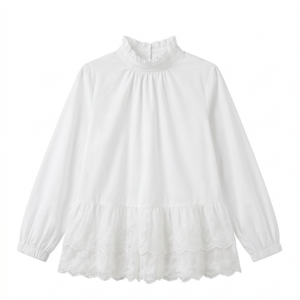 BLUSA BLANCA MANGA LARGA CON VOLANTES DE ENCAJE