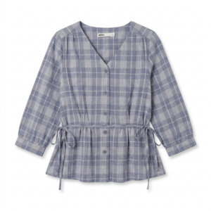 BLUSA CUADROS GRIS AZULADO CON CINTURÓN